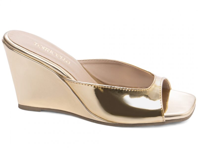 sandália dourada salto 7cm verniz | VitriNerm