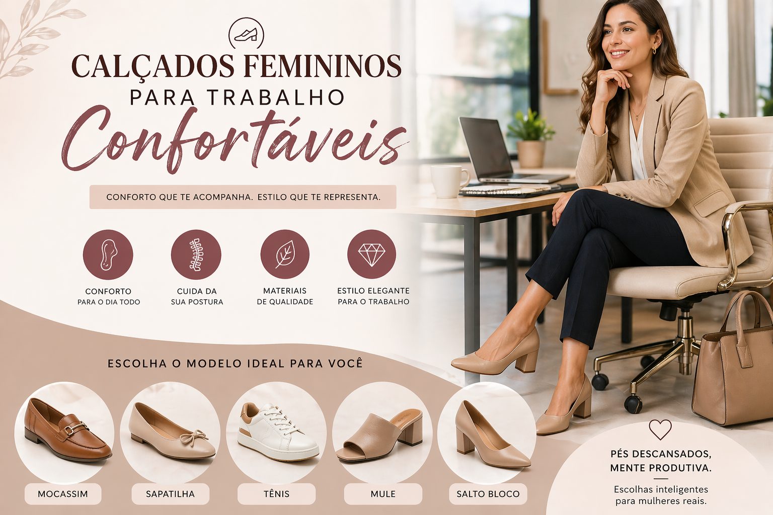 calçados femininos para trabalho confortáveis com salto bloco em ambiente profissional elegante