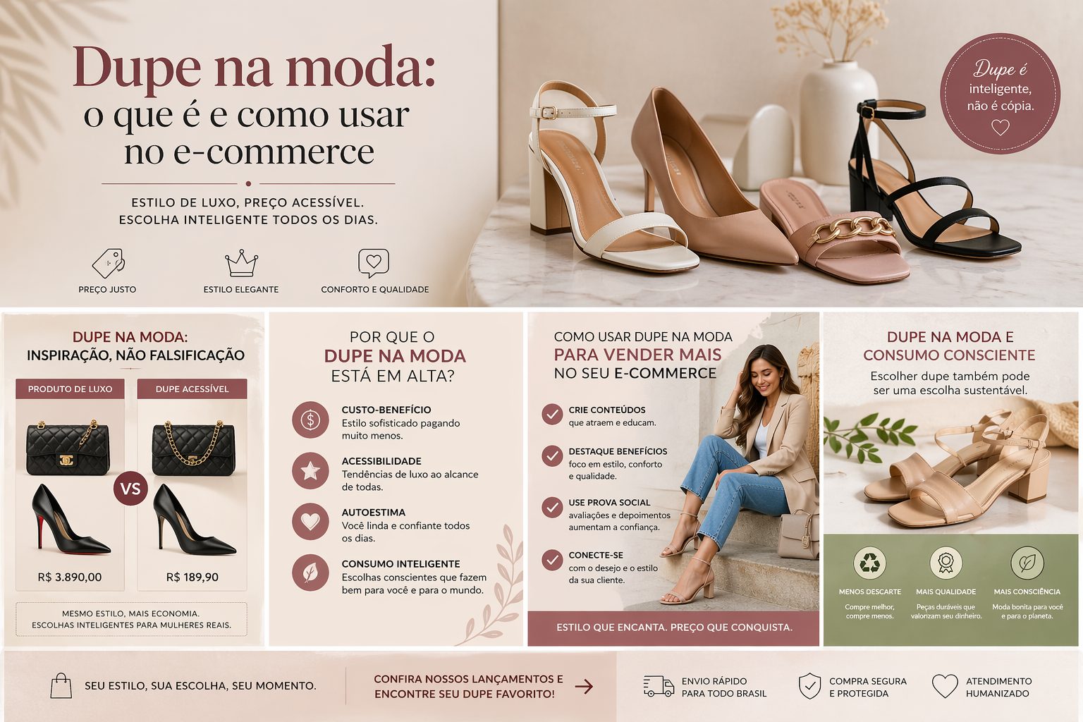 dupe na moda com comparação de calçados femininos de luxo e acessíveis para e-commerce