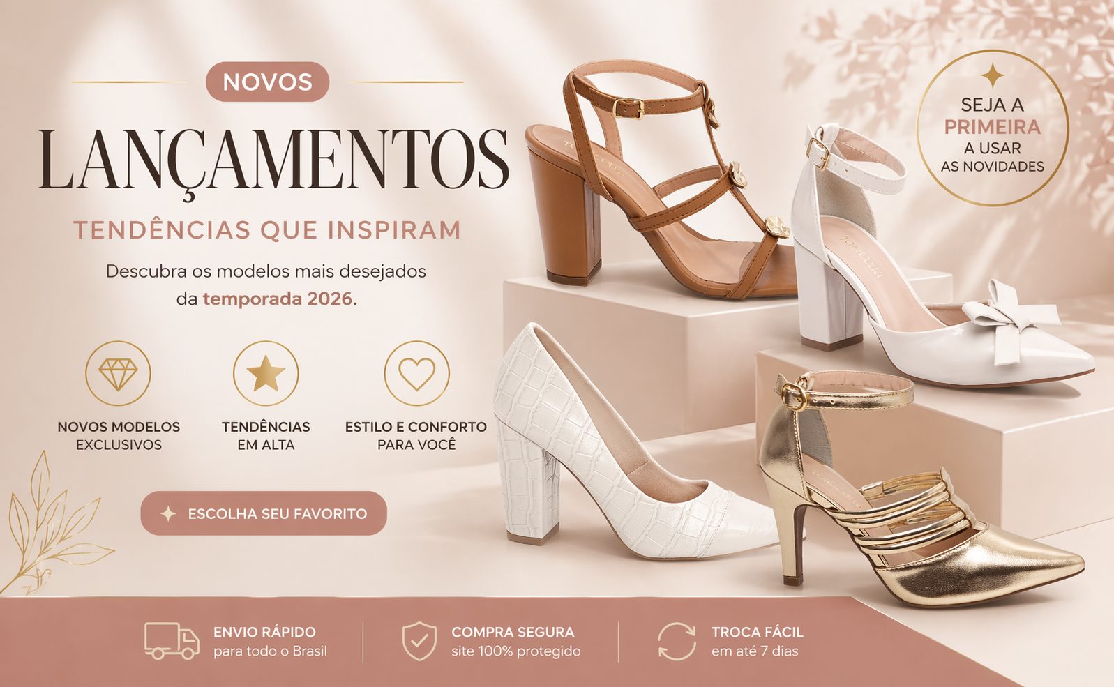 Lançamentos de calçados femininos 2026 com modelos modernos de sandálias e sapatos elegantes da Vitrine RM