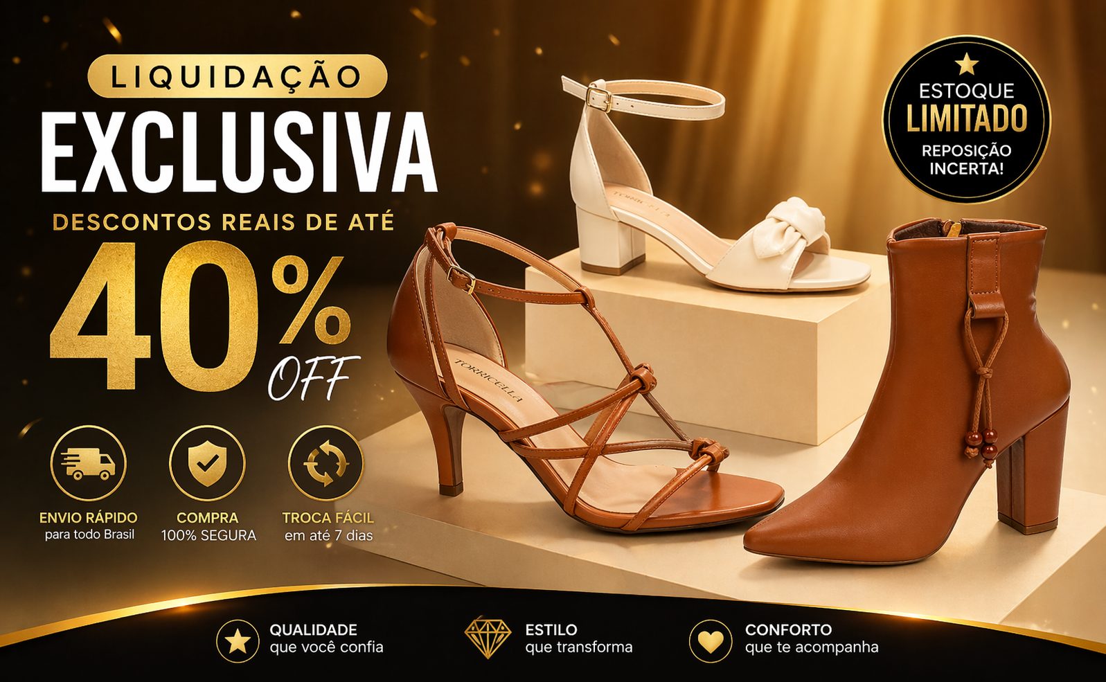 Liquidação de calçados femininos com até 40% de desconto em sandálias e botas elegantes da Vitrine RM