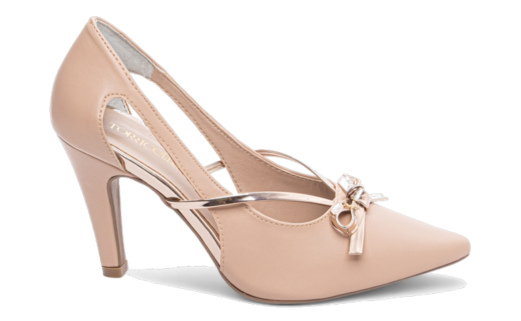 Scarpin feminino nude com salto alto fino e detalhe metálico elegante